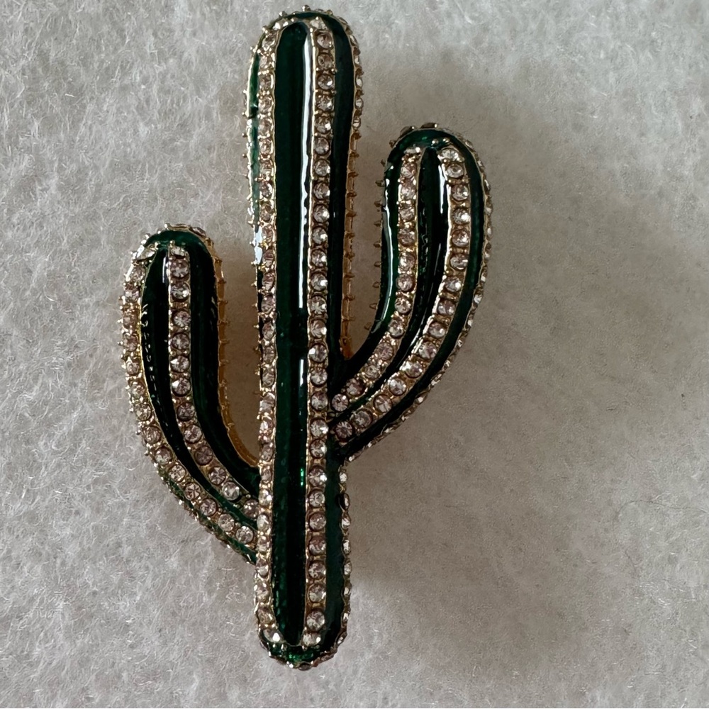 Vintage Green Enamel Faux Diamond and Gold Cactus Brooch Pin